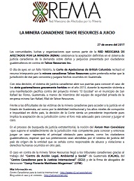 Comunicado REMA. La minera canadiense Thaoe Resources a Juicio