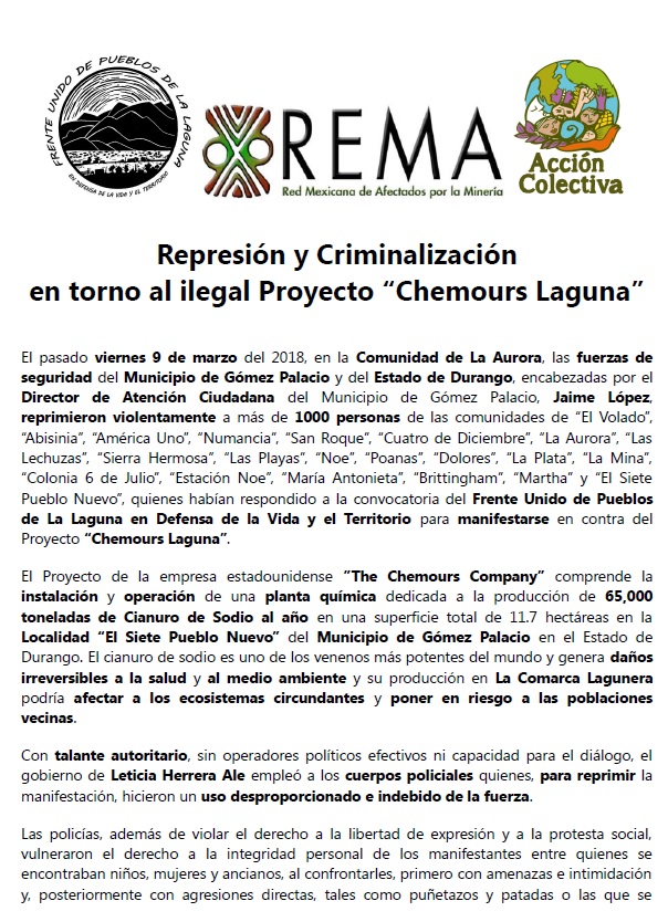 Boletin de Prensa. Represión y Criminalización en torno al Ilegal Proyecto Chemours Laguna