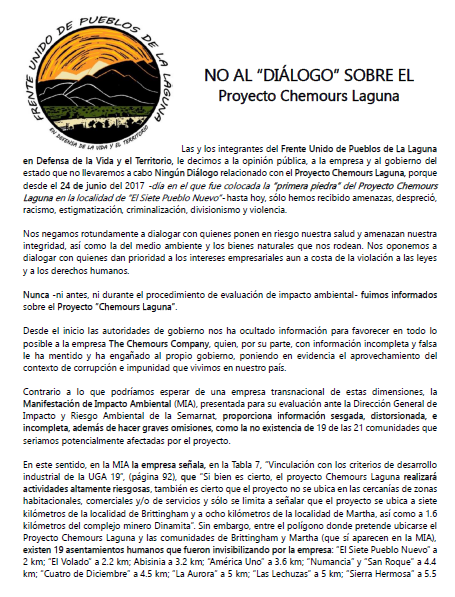 Boletin de Prensa 24/04/18 | NO al “DIÁLOGO” sobre el Proyecto «Chemours Laguna»