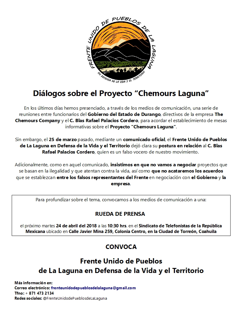 Rueda de Prensa. Diálogos sobre el Proyecto «Chemours Laguna»