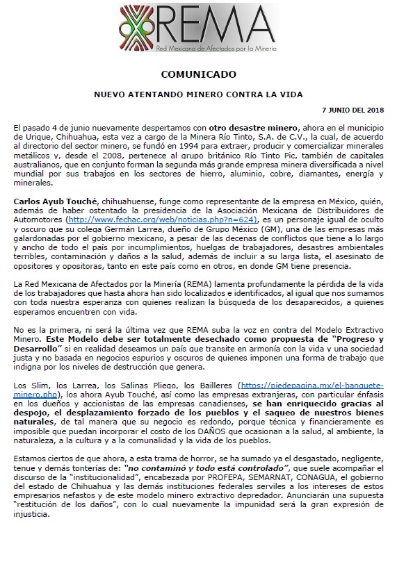 COMUNICADO REMA: «NUEVO ATENTANDO MINERO CONTRA LA VIDA»