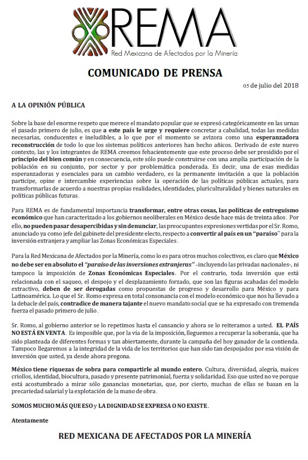 Comunicado de prensa: Nuevo Gobierno…Mismas Intenciones?