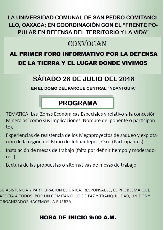 Primer Foro Informativo por la Defensa de la Tierra y el Lugar donde Vivimos en Comitancillo, Oaxaca
