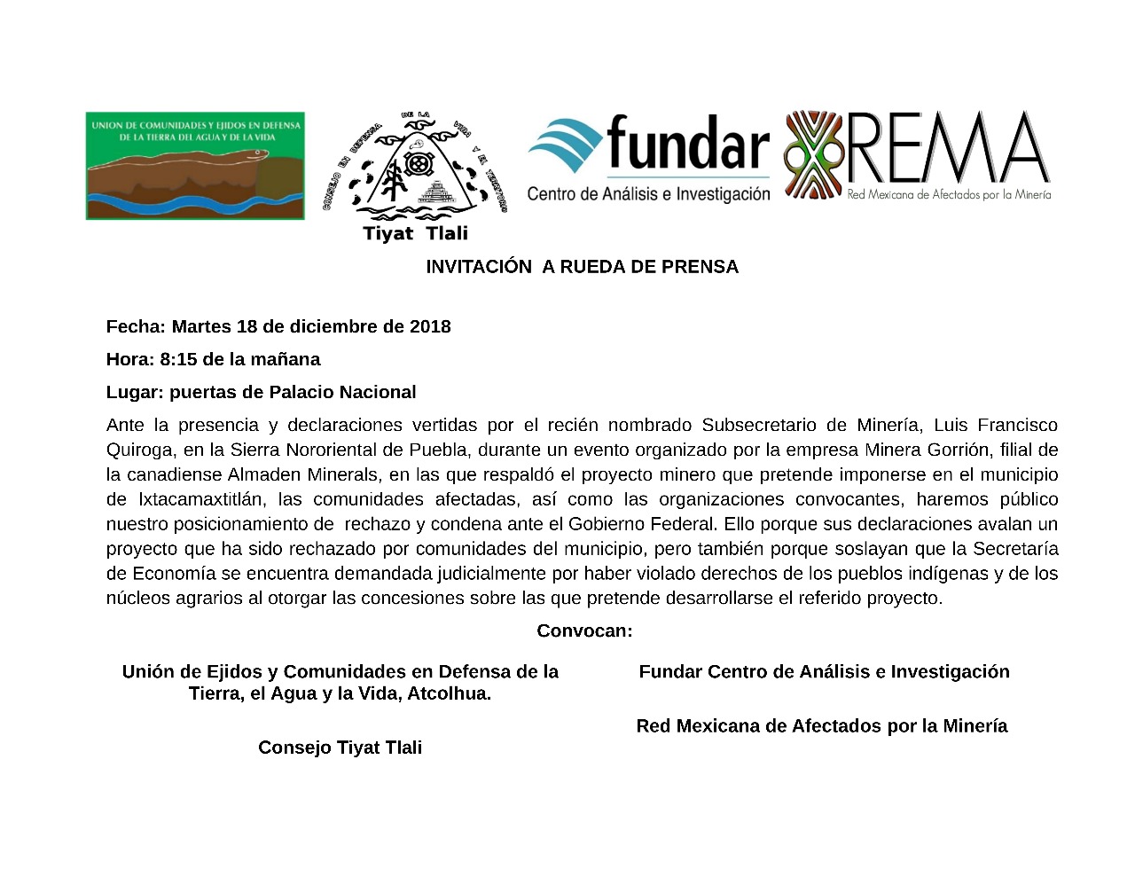 INVITACION RUEDA DE PRENSA. «NUEVO GOBIERNO, MISMA FÓRMULA MINERA?