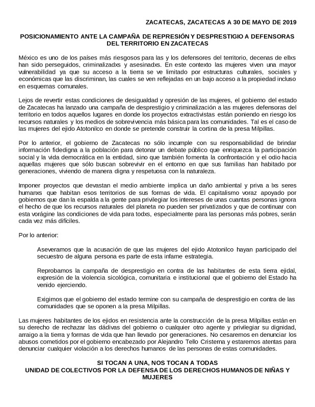 Organizaciones feministas de Zacatecas se solidarizan con  las mujeres en ir resisten en contra de la Presa Milpillas