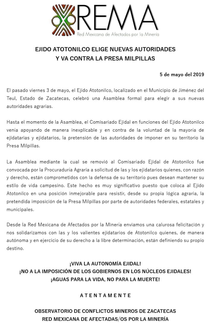 COMUNICADO «EJIDO ATOTONILCO ELIGE NUEVAS AUTORIDADES Y VA CONTRA LA PRESA MILPILLAS»