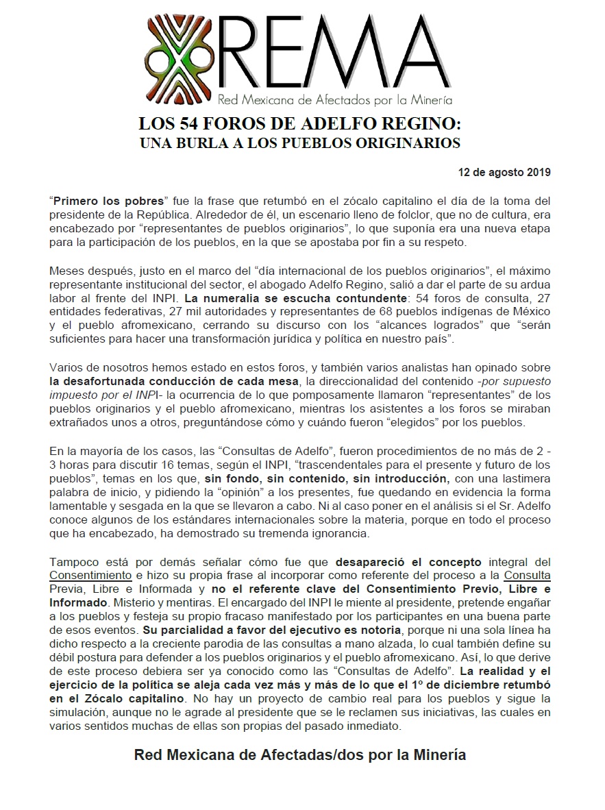 COMUNICADO «LOS 54 FOROS DE ADELFO REGINO. UNA BURLA A LOS PUEBLOS ORIGINARIOS»