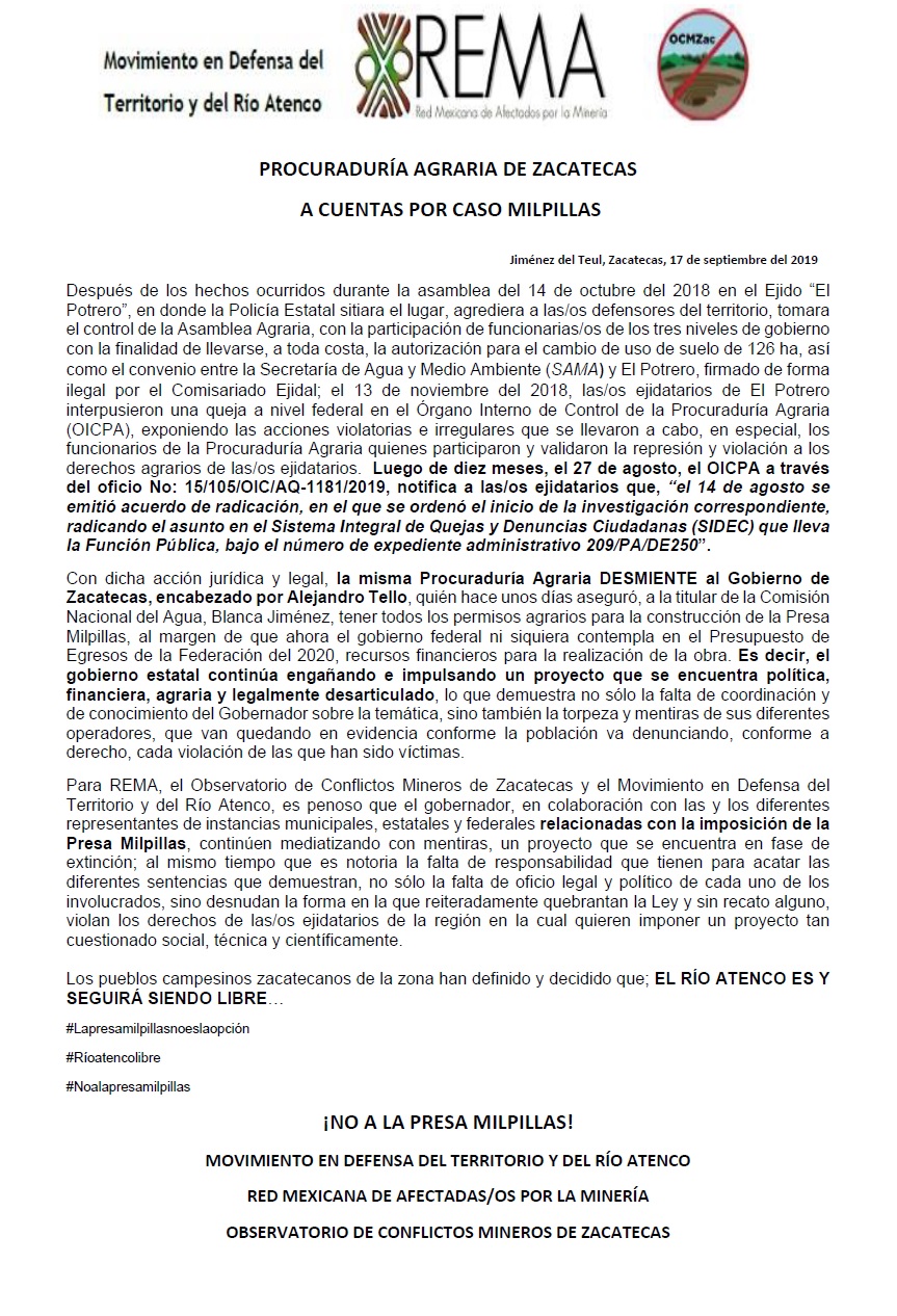 COMUNICADO «PROCURADURÍA AGRARIA DE ZACATECAS  A CUENTAS POR CASO MILPILLAS «