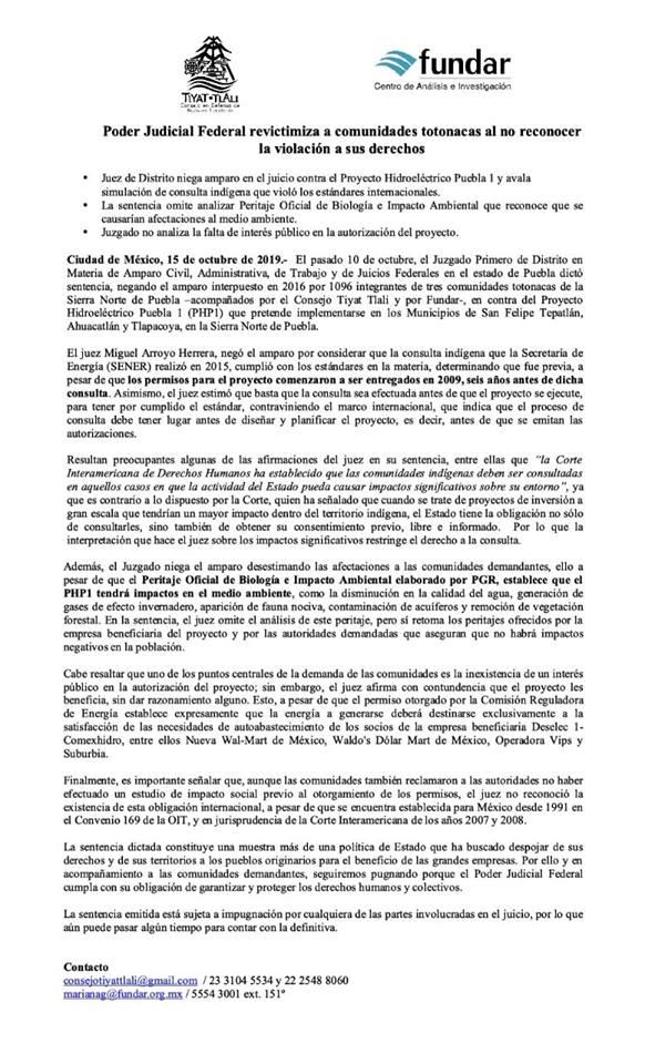 #Comunicado  «El Poder Judicial Federal revictimiza a comunidades totonacas al no reconocer las violaciones a sus derechos»