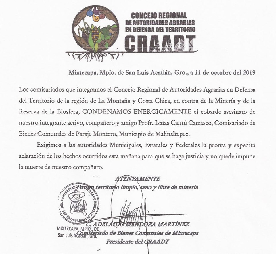 Comunicado del Concejo Regional de Autoridades Agrarias en Defensa del Territorio -CRAADT-