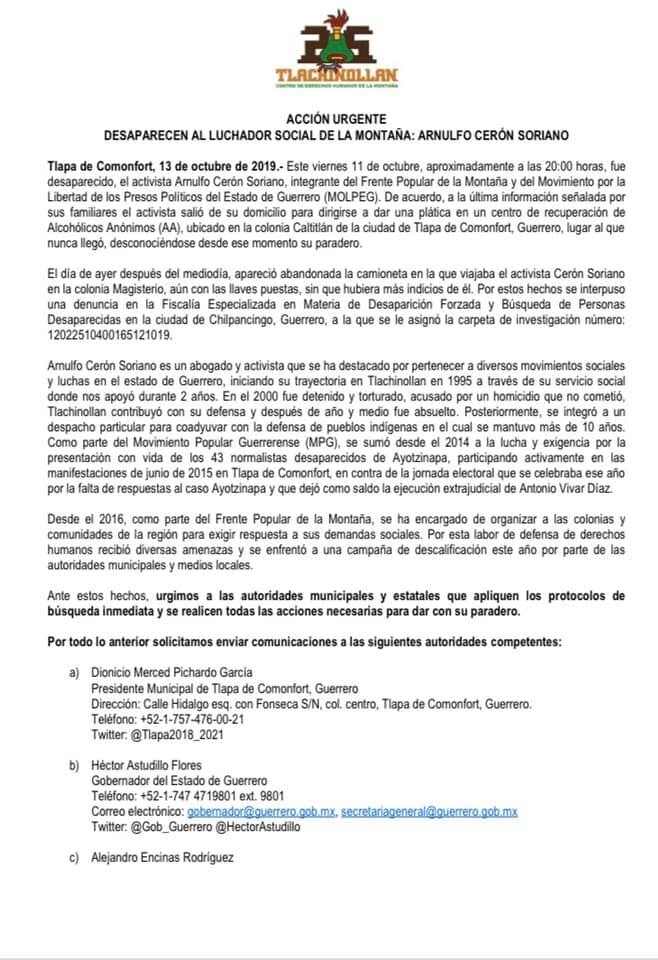 ACCIÓN URGENTE | DESAPARECEN AL LUCHADOR SOCIAL DE LA MONTAÑA: ARNULFO CERÓN SORIANO