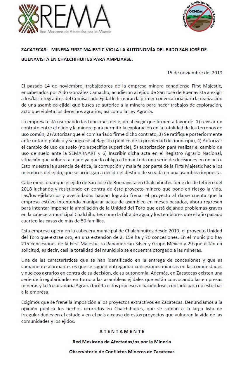 COMUNICADO «ZACATECAS: MINERA FIRST MAJESTIC VIOLA LA AUTONOMÍA DEL EJIDO SAN JOSÉ DE BUENAVISTA EN CHALCHIHUITES PARA AMPLIARSE.»