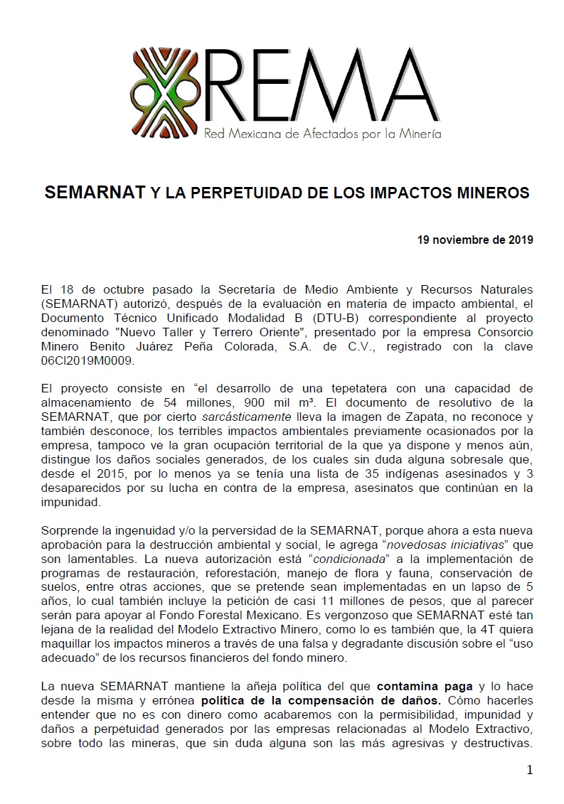 COMUNICADO «SEMARNAT Y LA PERPETUIDAD DE LOS IMPACTOS MINEROS»