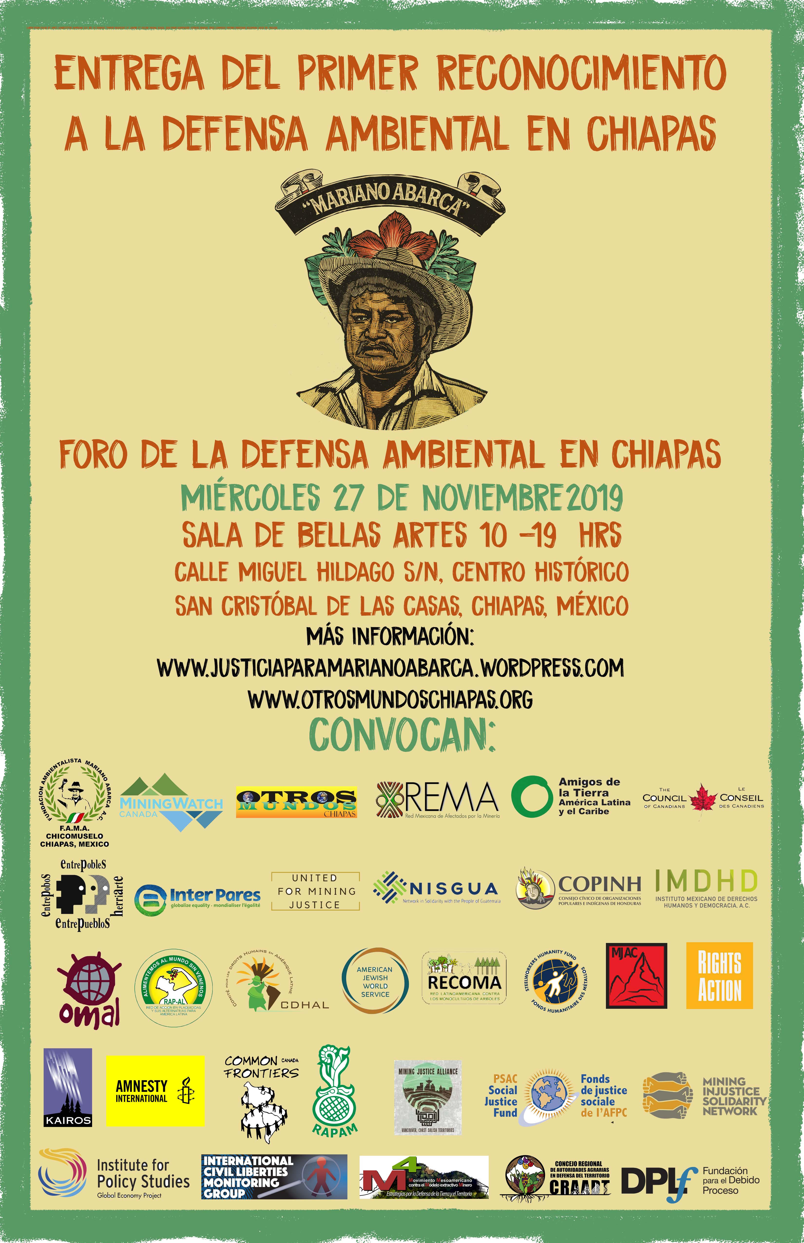 PRIMER RECONOCIMIENTO A LA DEFENSA AMBIENTAL EN CHIAPAS 2019 “MARIANO ABARCA”