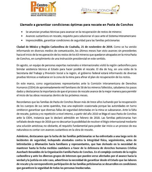 Llamado a garantizar condiciones óptimas para el rescate en Pasta de Conchos