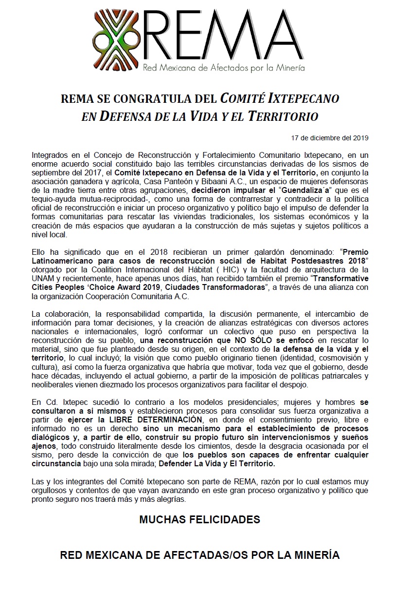 REMA SE CONGRATULA DEL COMITÉ IXTEPECANO                      EN DEFENSA DE LA VIDA Y EL TERRITORIO