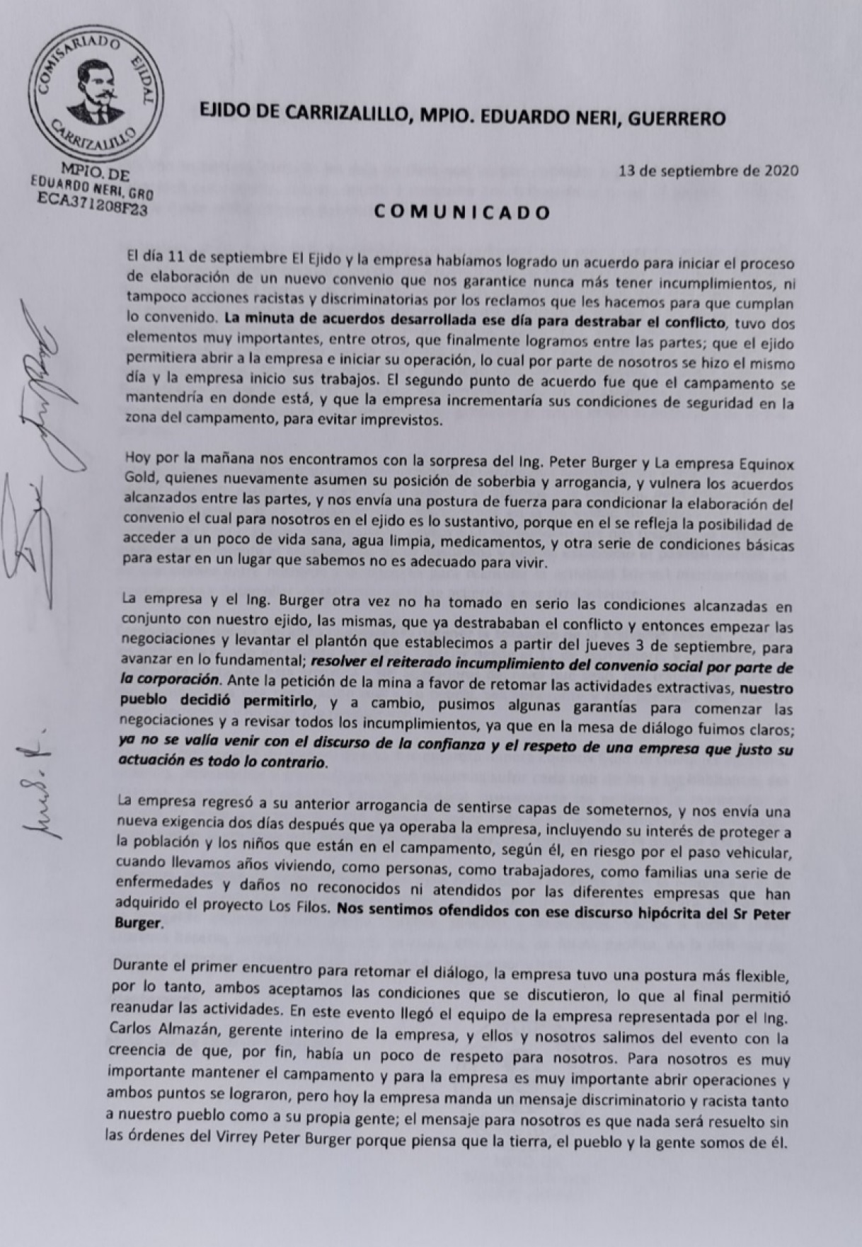 COMUNICADO URGENTE DEL EJIDO CARRIZALILLO » LA EMPRESA EQUINOX GOLD VUELVE A ROMPER ACUERDOS»