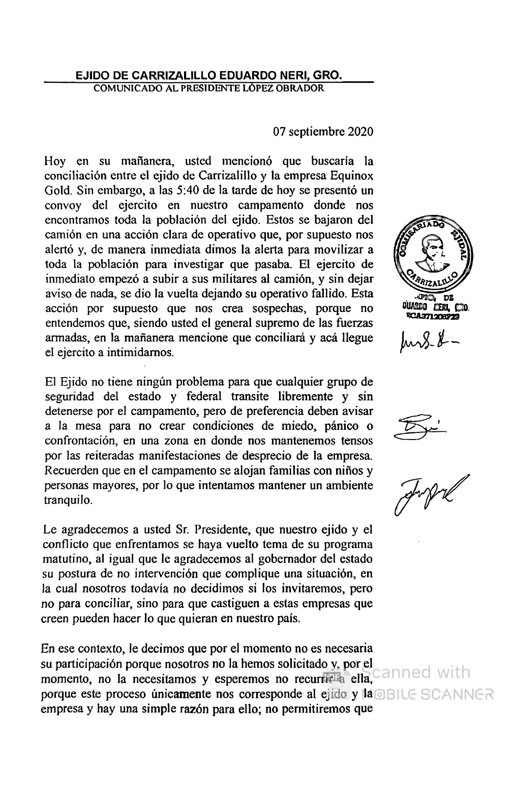 COMUNICADO AL PRESIDENTE LÓPEZ OBRADOR DEL EJIDO CARRIZALILLO