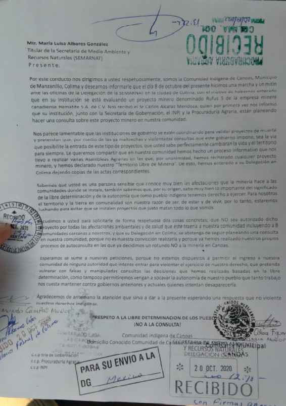 Comunidad Indígena de Canoas Municipio de Manzanillo, Colima, rechaza Consulta para el Proyecto Minero