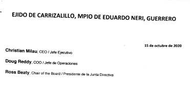 CARTA EJIDO CARRIZALILLO EN RELACIÓN A LA MINA LOS FILOS