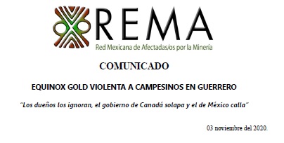 COMUNICADO REMA: EQUINOX GOLD VIOLENTA A CAMPESINOS EN GUERRERO