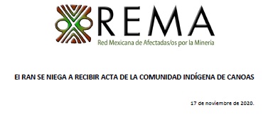 COMUNICADO REMA                       » EL RAN SE NIEGA A RECIBIR ACTA DE LA COMUNIDAD INDÍGENA DE CANOAS»