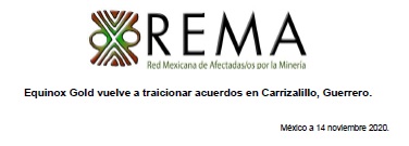 Comunicado REMA: «Equinox Gold vuelve a traicionar acuerdos en Carrizalillo, Guerrero»