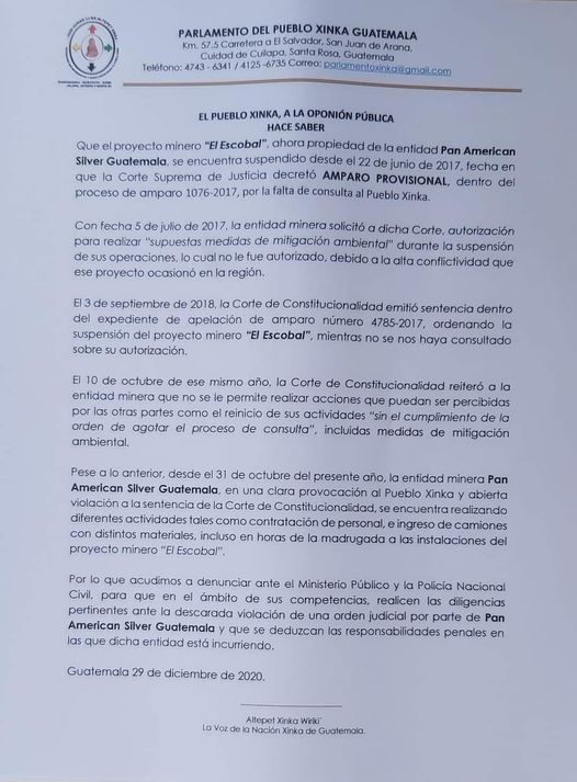 El Pueblo Xinka a la opinión pública hace saber: