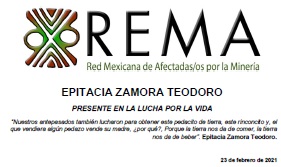 EPITACIA ZAMORA TEODORO  PRESENTE EN LA LUCHA POR LA VIDA
