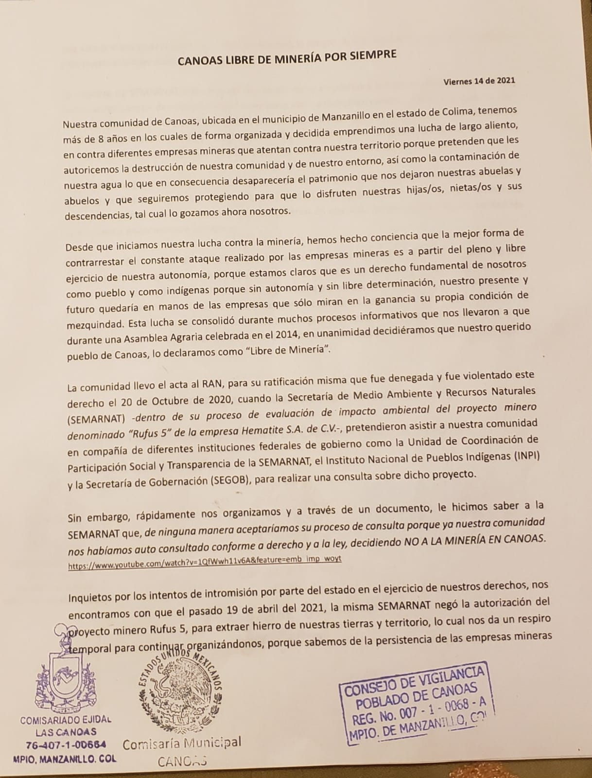 Comunicado de la Comunidad de Canoas