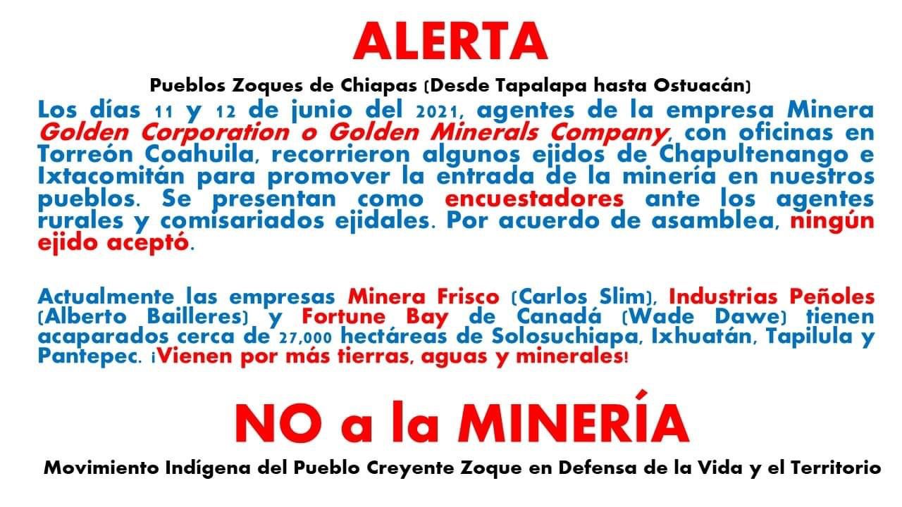 Golden Corporation recorre dos municipios zoques; pobladores se alarman