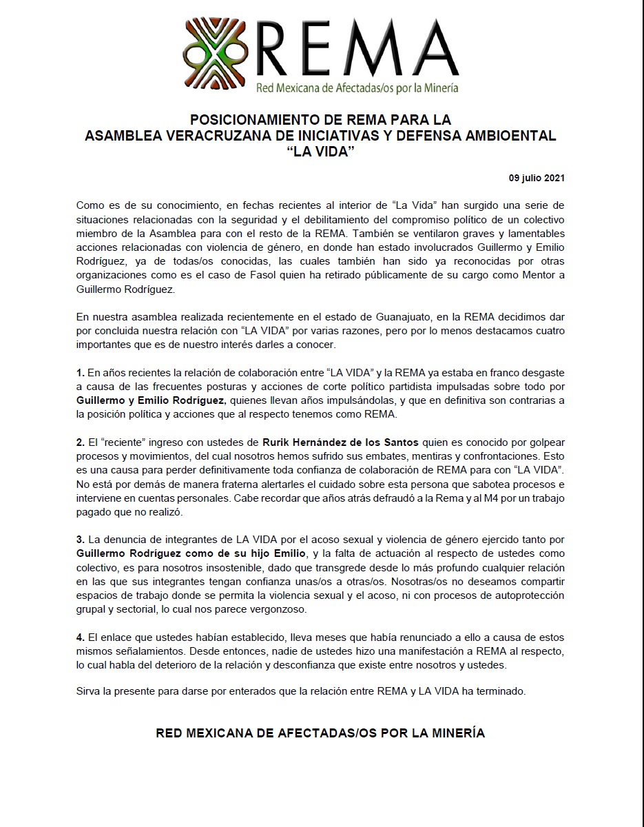 POSICIONAMIENTO DE REMA PARA LA  ASAMBLEA VERACRUZANA DE INICIATIVAS Y DEFENSA AMBIENTAL “LA VIDA”