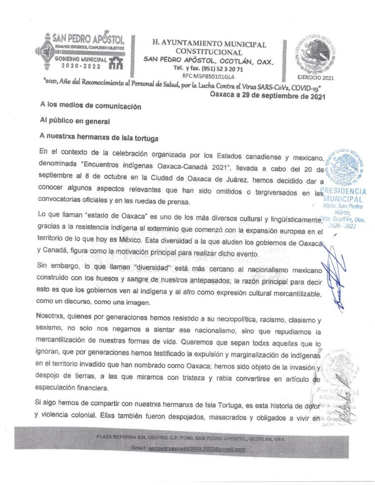Comunicado de colectivos y comunidades de Oaxaca en contra de los “Encuentros Indígenas Canadá-Oaxaca 2021”: