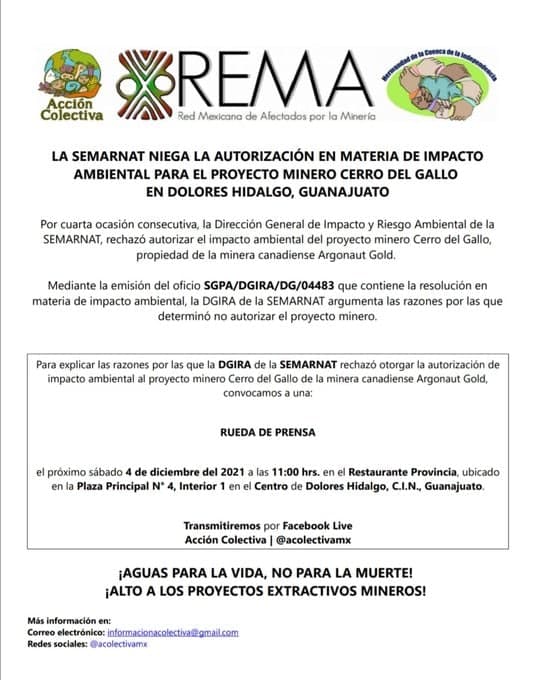 CONFERENCIA DE PRENSA:  NIEGA AUTORIZACIÓN EN MATERIA DE IMPACTO AMBIENTAL PARA EL PROYECTO MINERO CERRO DEL GALLO. DOLORES HIDALGO, GUANAJUATO