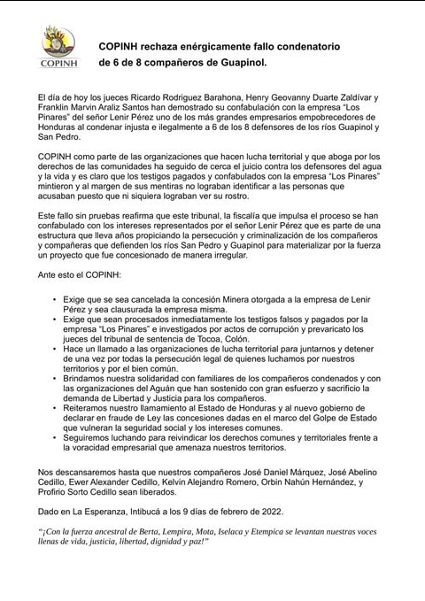 COPINH rechaza enérgicamente fallo condenatorio de 6 de 8 compañeros de Guapinol