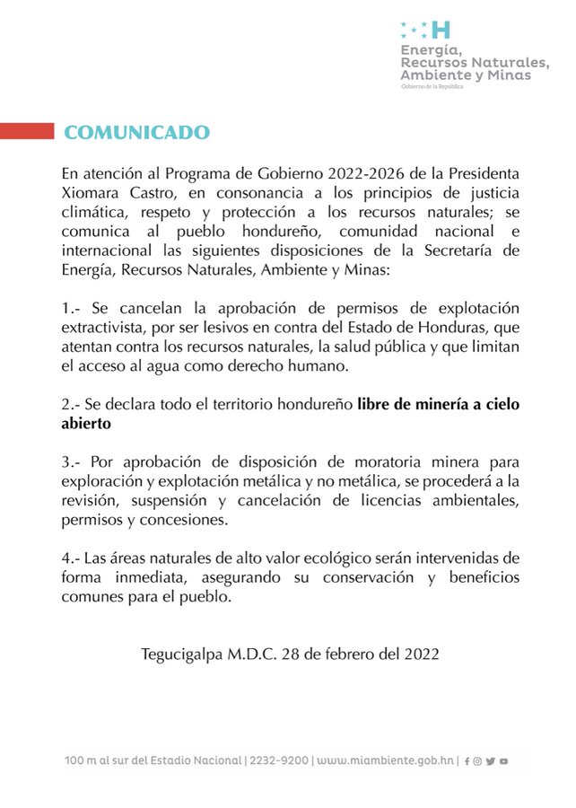 📣Honduras se declara libre se minería a cielo abierto