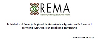 Comunicado «Felicidades al Concejo Regional de Autoridades Agrarias en Defensa del Territorio (CRAADET) en su décimo aniversario»