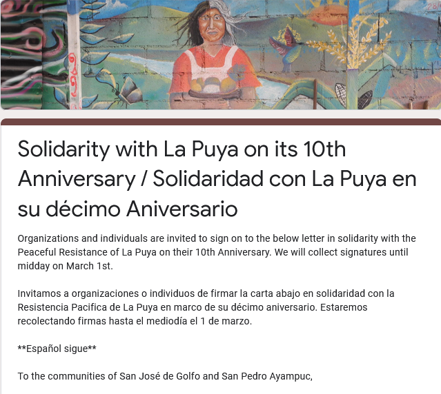 ¡Buscando adhesiones! Décimo aniversario de la Resistencia Pacífica La Puya