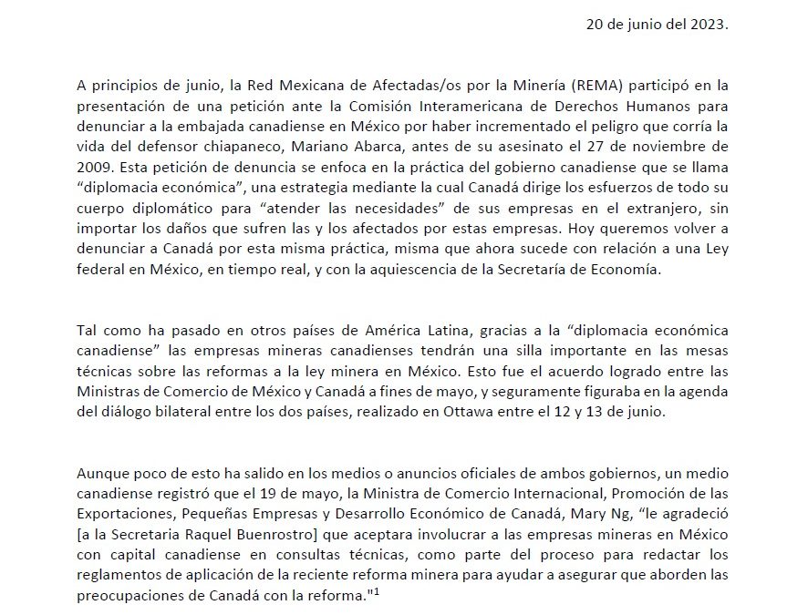 Comunicado REMA: La Trampa de la Diplomacia Económica Canadiense en la discusión de las Reformas a la Ley Minera