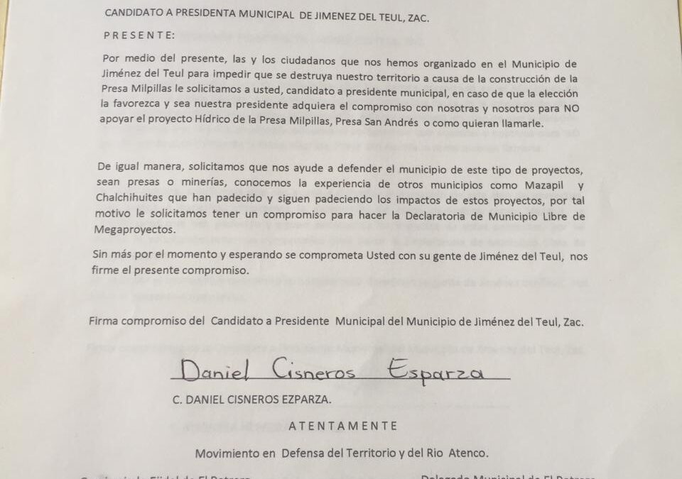 Comunicado «Exigimos que los presidentes municipales electos en Jiménez del Teul y Sombrerete cumplan su compromiso»