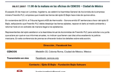 Invitación de Ejido El Bajío a conferencia de prensa el martes 9 de julio